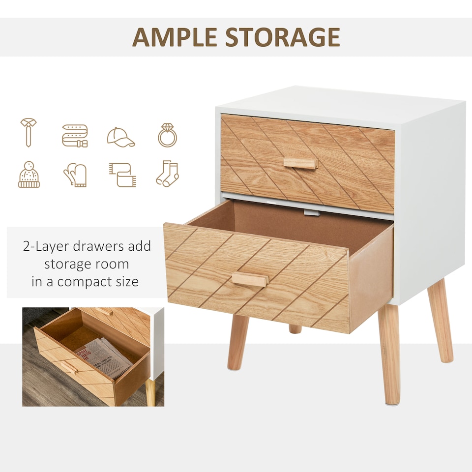image 1 of HOMCOM 2 Drawers Bedside Table with Pine Legs, Bedroom Wooden Storage Cabinet, Natural