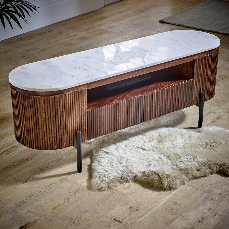 image 1 of Miel Mango Wood Tv Cabinet With Marble Top and Metal Legs Brown