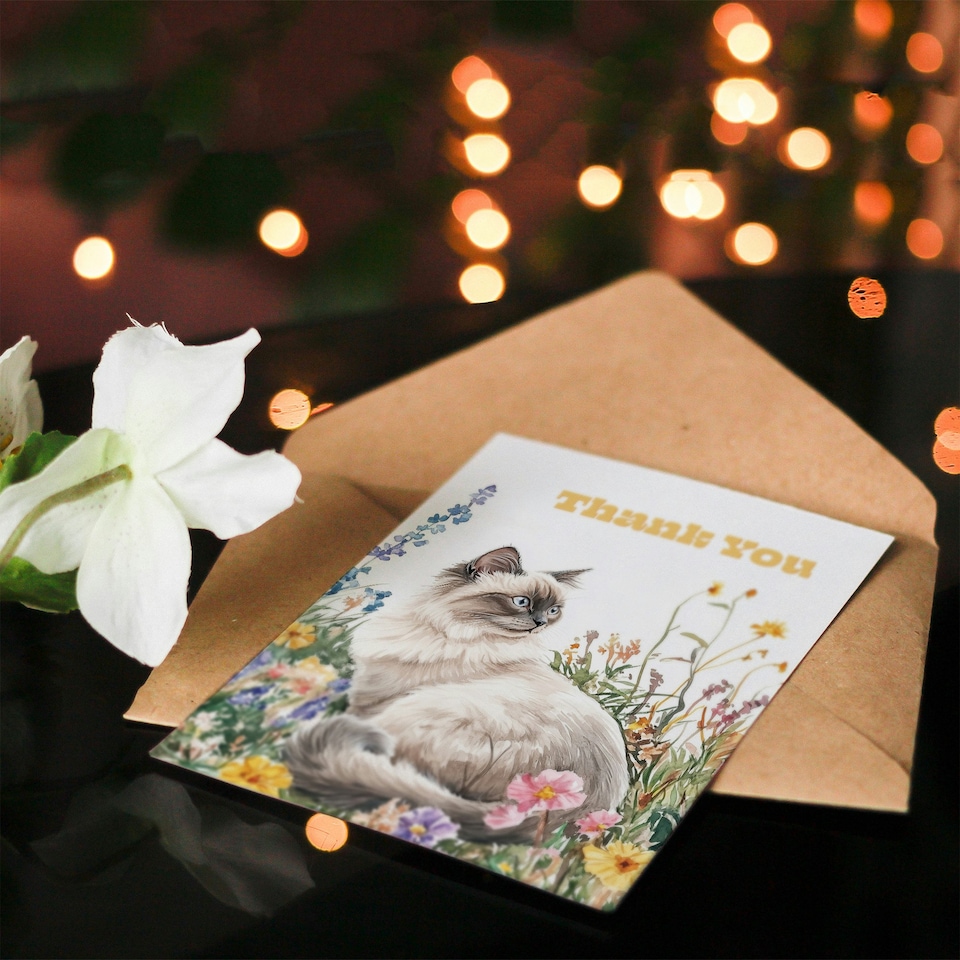 image 1 of Thank You Card Ragdoll Cat Lover Pet and Wildflowers Watercolour