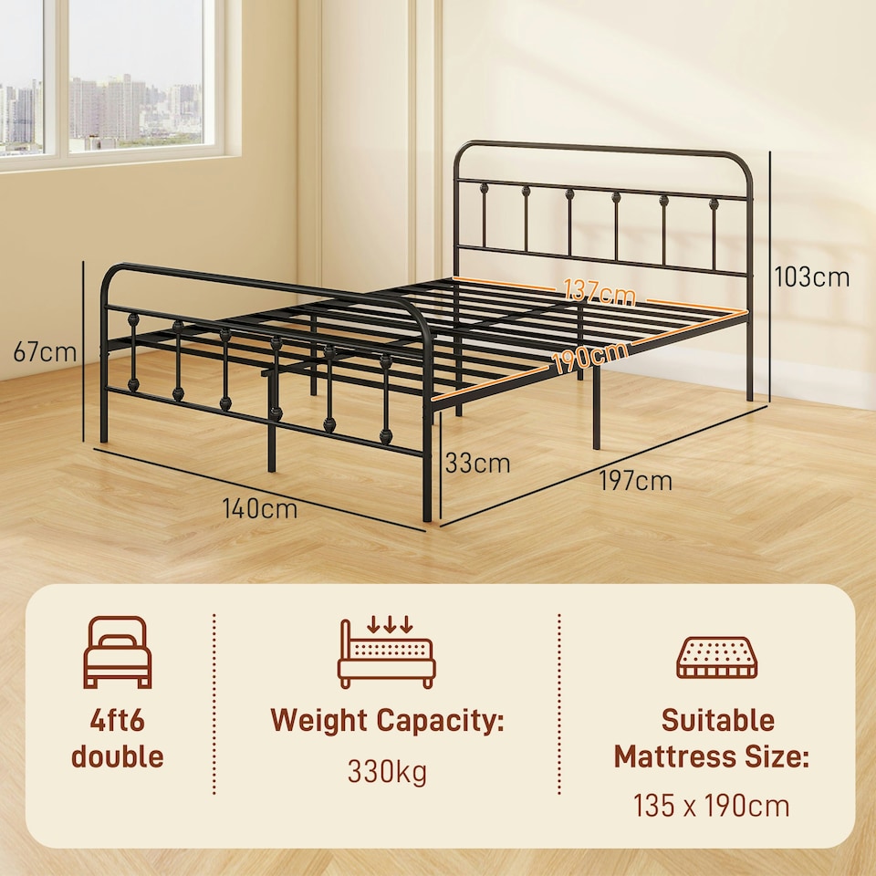image 1 of HOMCOM 4ft6 Metal Double Platform Bed Frame w/ Underbed Storage Black