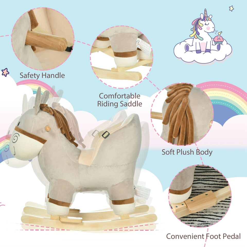 image 1 of HOMCOM Cute Kids Ride-On Rocking Donkey w/ Sound Handlebars Seat Belt Plush Body