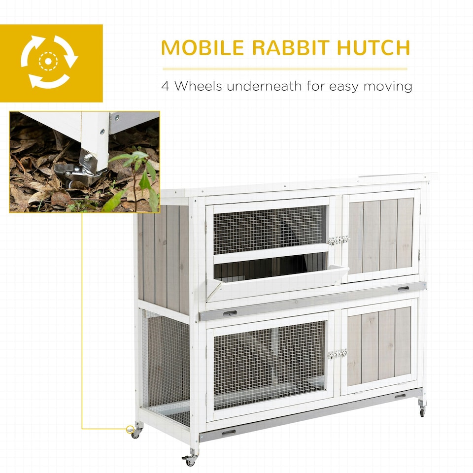 image 1 of PawHut Two-Tier Wooden Rabbit Hutch, with Wheels, Trough, Rain Cover, Tray