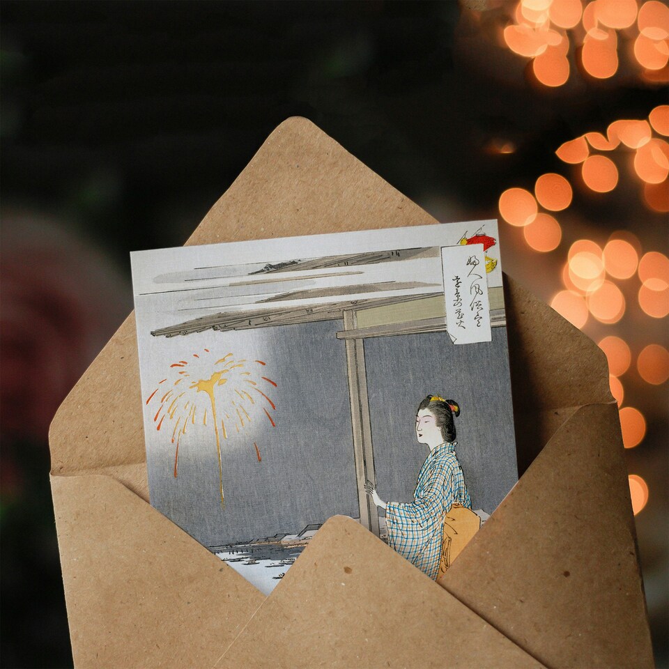 image 1 of Ogata Gekko Japanese Art Card Woman Watching Fireworks