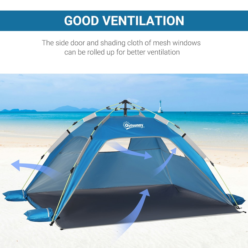image 1 of Outsunny 2 Man Pop-up Beach Tent Sun Shade Shelter Hut w/ Windows Door Blue