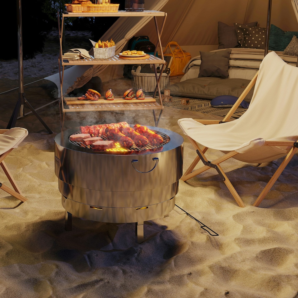 image 1 of Outsunny Round Fire Pit with Grill Net, Stainless Steel Firepit, Silver