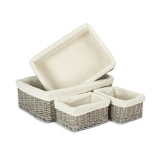 Set of 4 Wicker Grey Wash Lined Storage Tray Brown