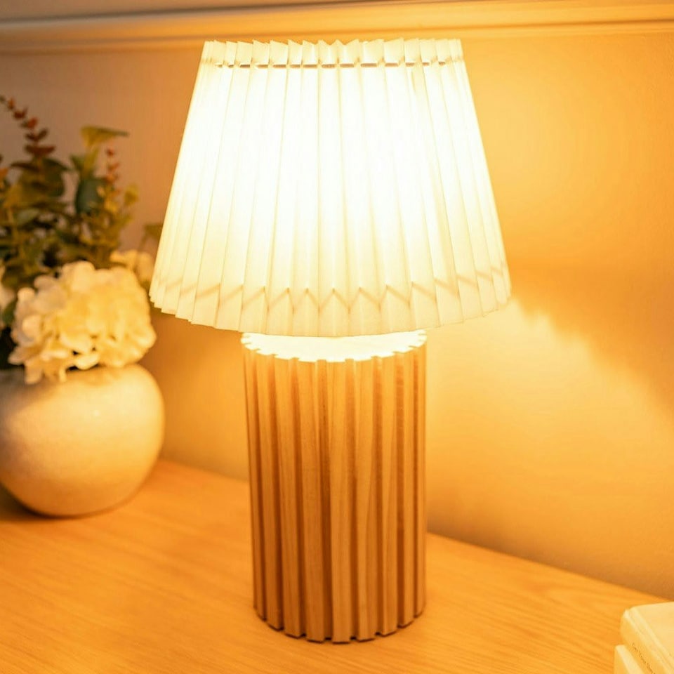 image 1 of ValueLights Brooke Natural Wood Bedside Table Lamp with a White Pleated Lampshade - Bulb Included