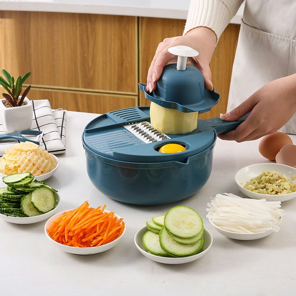 image 1 of Living and Home 9-in-1 Multi-Functional Vegetable Cutter Set, Blue