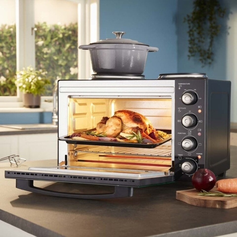 image 1 of Cooks Professional Mini Oven with 2 Hobs | 34 Litre | Powerful 1500W | Black and Silver