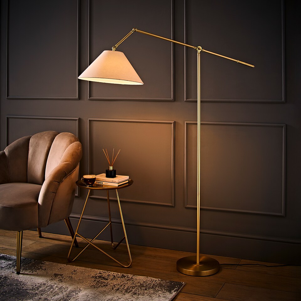 image 1 of ValueLights Layla Brushed Gold Adjustable Floor Lamp and Bulb