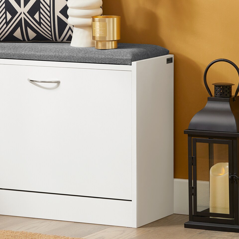 image 1 of SoBuy Shoe Storage Bench with Flip Drawer & Cushioned Seat, White, 23.6x9.4x18.5 in, 11.9 kg - FSR16-K-W