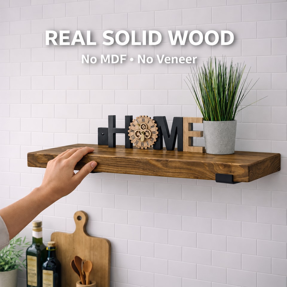 image 1 of MKGT Handmade Tudor Oak Floating Wall Shelf with Steel Brackets, Solid Wood, 60 x 22 x 4.5 cm