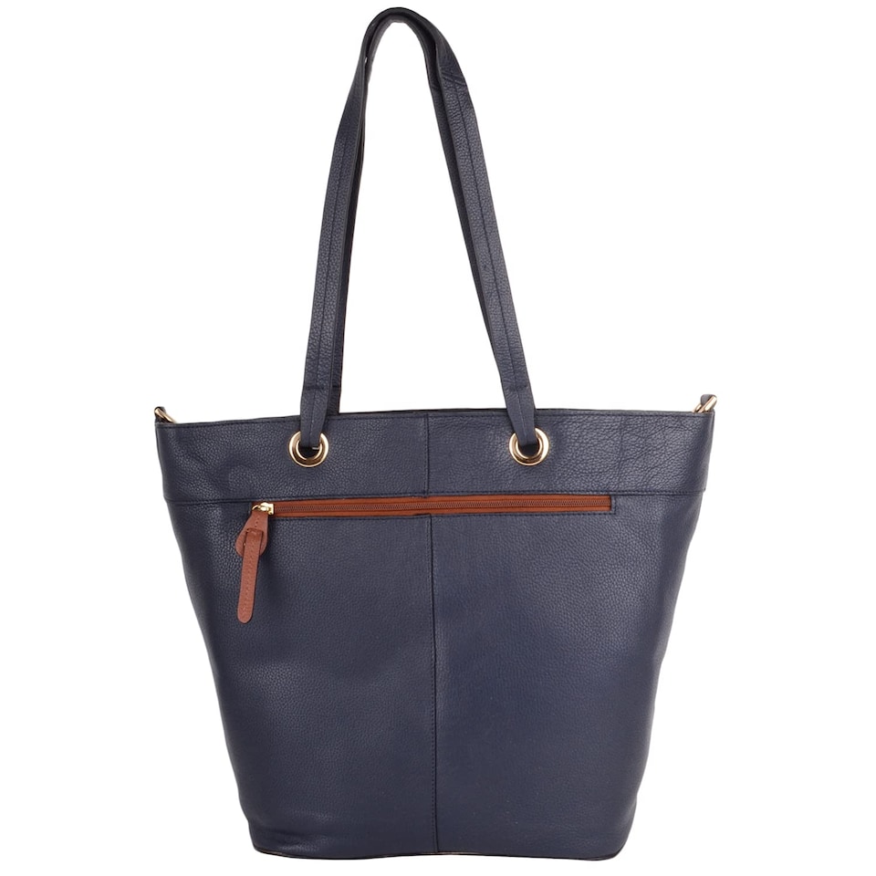 image 1 of London Leathergoods Womens Premium Genuine Leather Large Shoulder Tote Handbag with Contrasting Colours | Blue | Navy/Tan