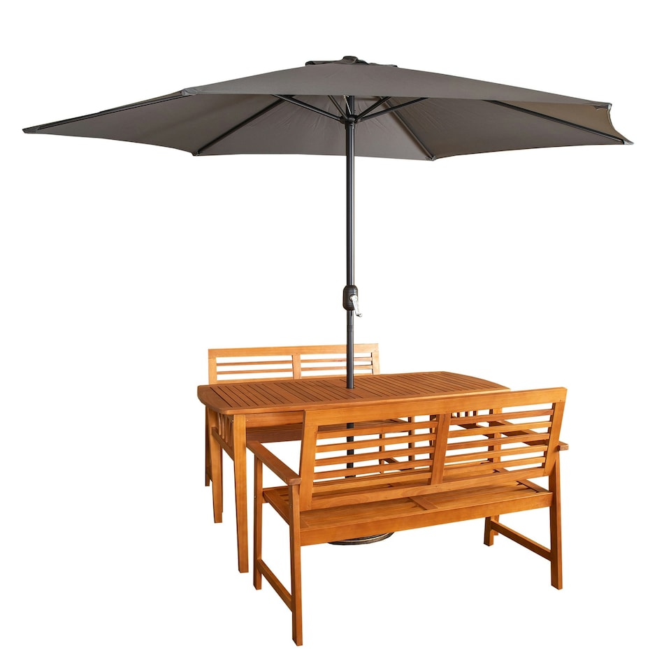 image 1 of Outdoor 4 Person Rectangular Wooden Garden Table, 2 Benches with Grey Havana Parasol & Base