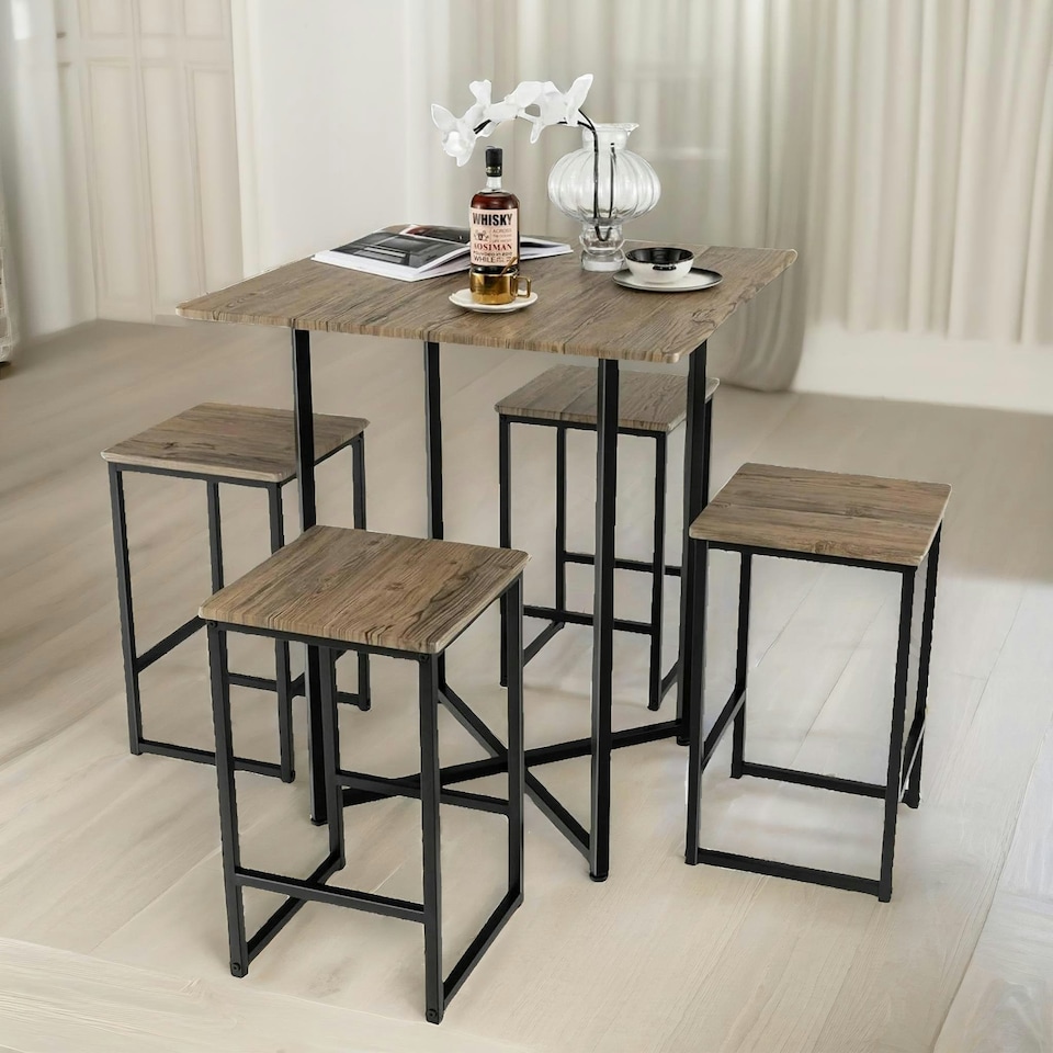 image 1 of 5-Piece Dining Table & Square Stool Set Kitchen Natural Brown Brown