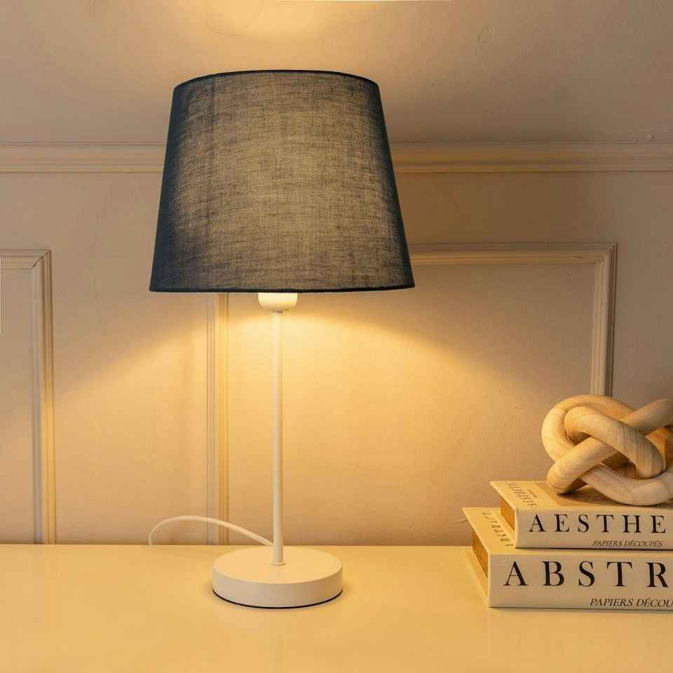 image 1 of ValueLights Charlie White Stem Table Lamp Black Taper Shade Black