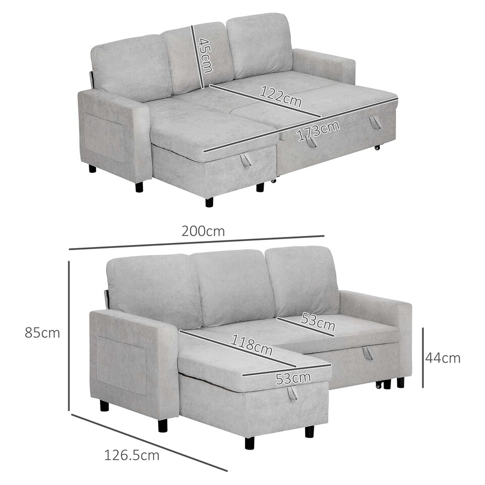 image 1 of HOMCOM Sofa Bed with Storage, Convertible L Shaped Corner Sleeper Couch, 3 Seater Pull Out Sofa Bed with Reversible Chaise, Side Pockets for Living Room, Bedroom, Small Spaces, Light Grey | Grey | One Size