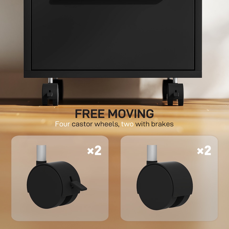 image 1 of HOMCOM 3-Drawer Lockable Filing Cabinet, File Cabinet on Wheels, Mobile Office Storage Drawers for Home Office, Bedroom and Living Room, Black | Black | Black