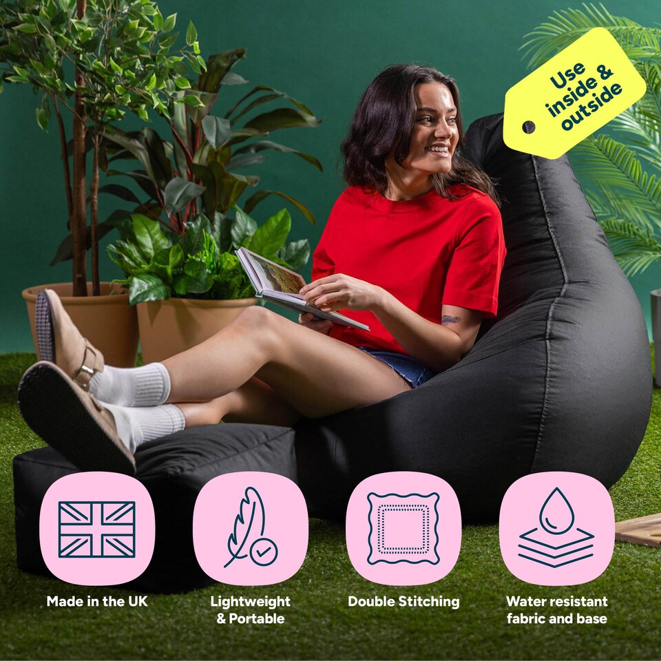 image 1 of Icon Dalton Adults High Back Indoor Outdoor Bean Bag Chair & Footstool Pouffe, Black