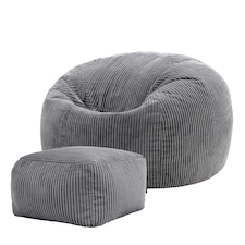 icon Kingston Cord Adults Bean Bag Chair and Pouffe, Ready Filled Beanbag and Footstool Charcoal Grey Grey