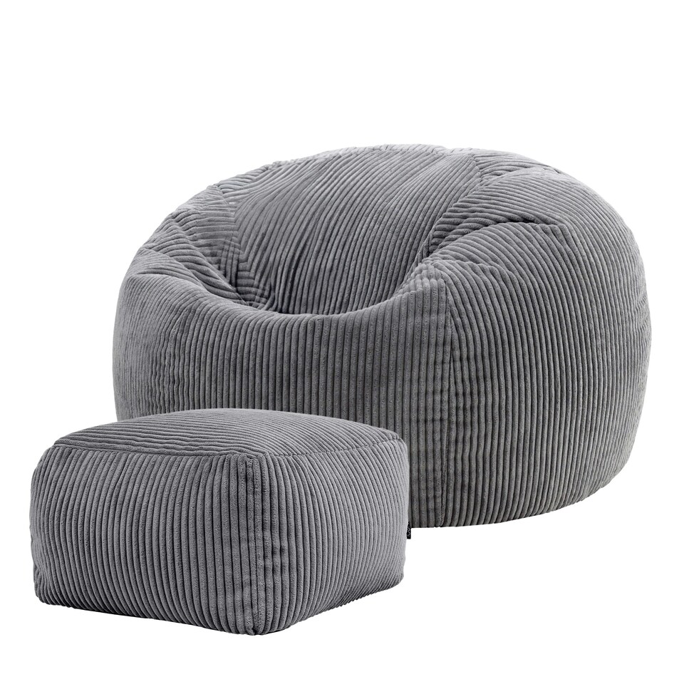 image 1 of icon Kingston Cord Adults Bean Bag Chair and Pouffe, Ready Filled Beanbag and Footstool Charcoal Grey Grey