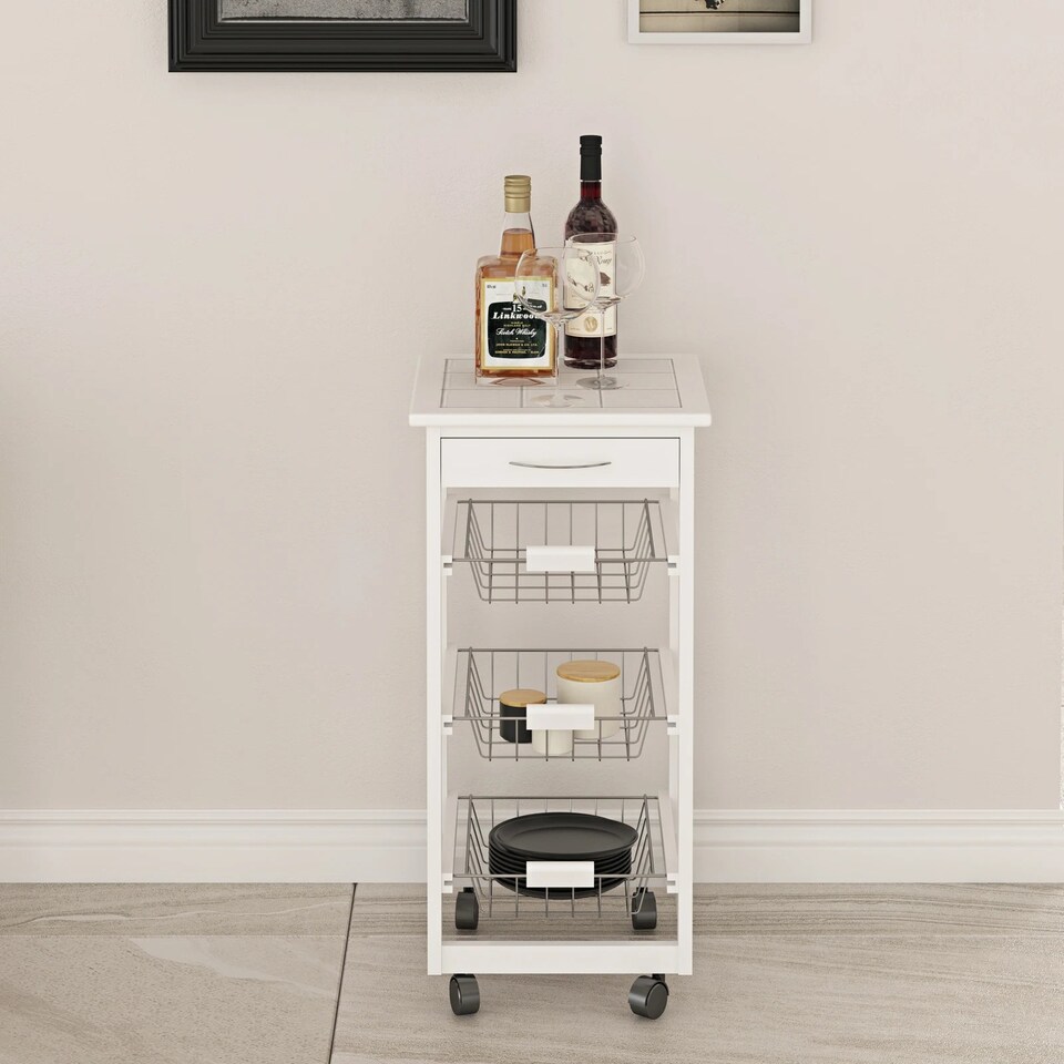 image 1 of Rolling Kitchen Island Trolley Serving Cart White Tile Top Drawer Shelves Basket | White | White | 1