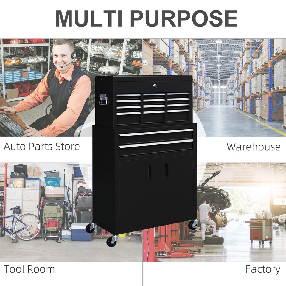 image 1 of HOMCOM Top Chest and Roller Cabinet Combo Metal Tool Cabinet on Wheels Black | Black