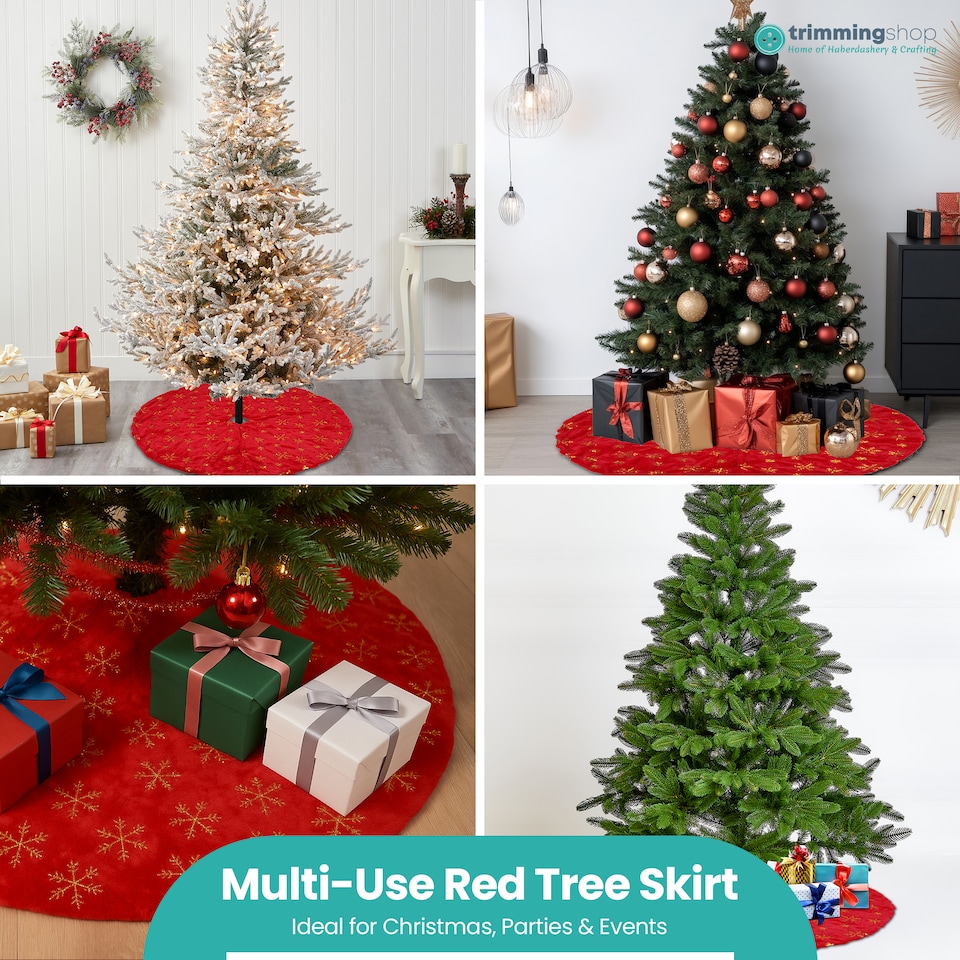 image 1 of 100cm Christmas Tree Skirt Large Red & Gold Snowflake Mat, Tree Skirt