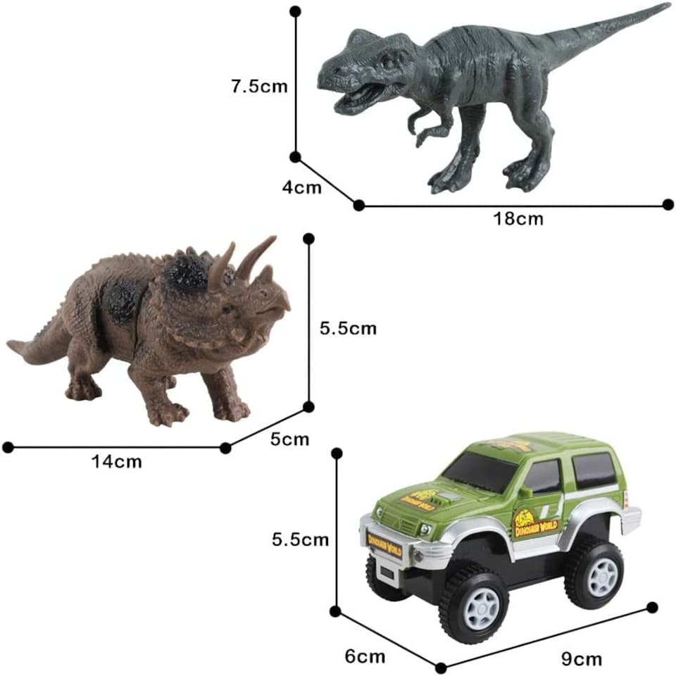 image 1 of Dino World Flexible Slot Car Race Track Set – 144-Piece Dinosaur Track Playset with Battery-Operated Car, Light-Up Features, Bridges & Accessories