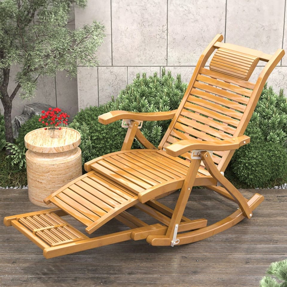 image 1 of Living and Home Bamboo Rocking Chair Foldable Recliner - Natural