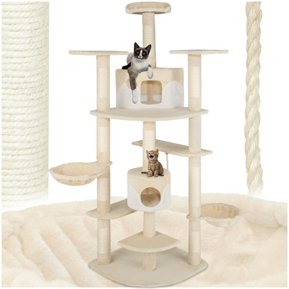 image 1 of Cat Tree Fippi - 201 cm tall, sisal cat scratching post, toy & anti-tip bracket - Beige/White