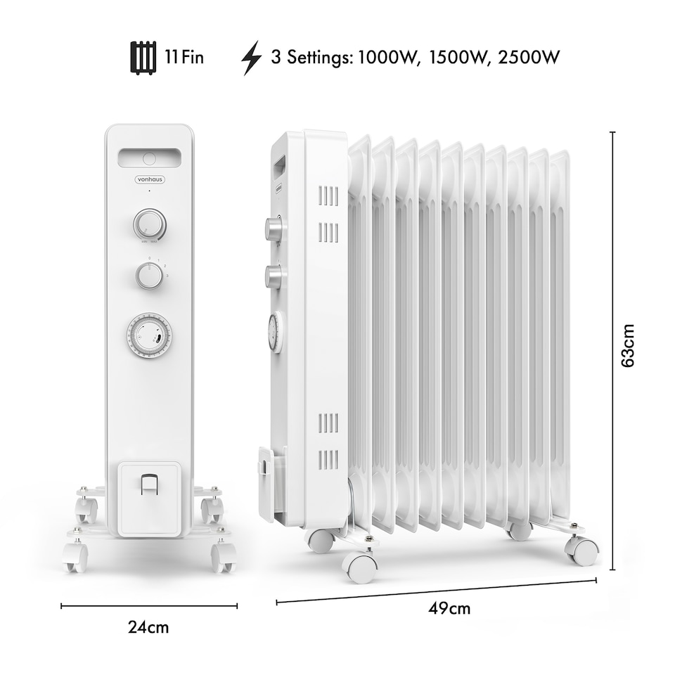 image 1 of VonHaus Oil Filled Radiator 11 Fin Portable Electric Heater White