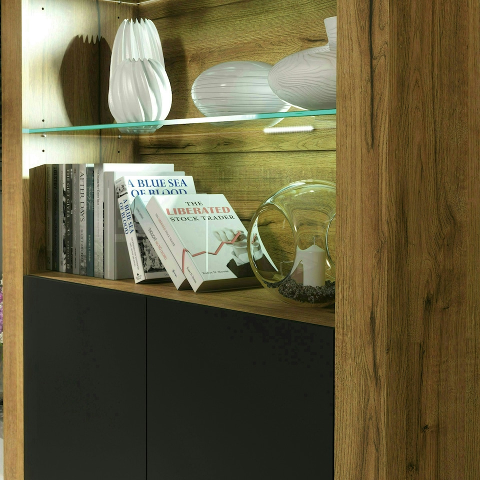 image 1 of Oak Display Cabinet 100cm Matt Finish Free LED Modern Tall Storage Unit Multi | Oak & Black