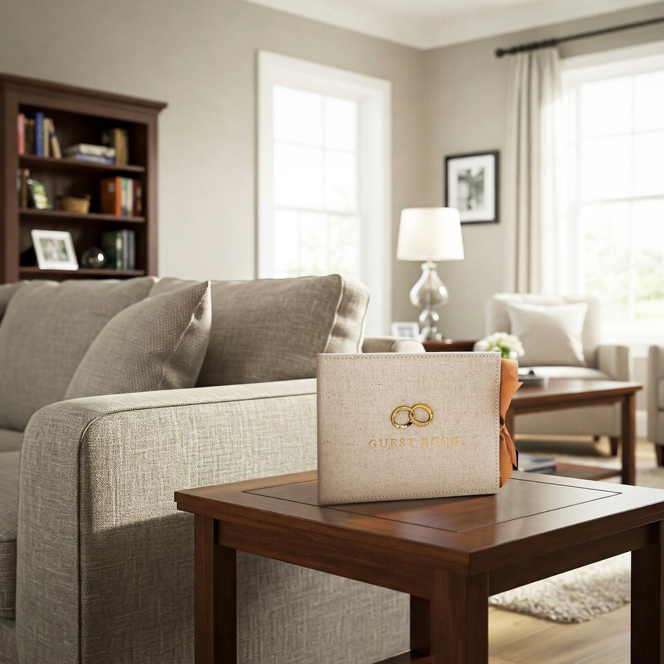 image 1 of Natural Linen Fabric Wedding Day Guest Book with Shiny Gold Rings