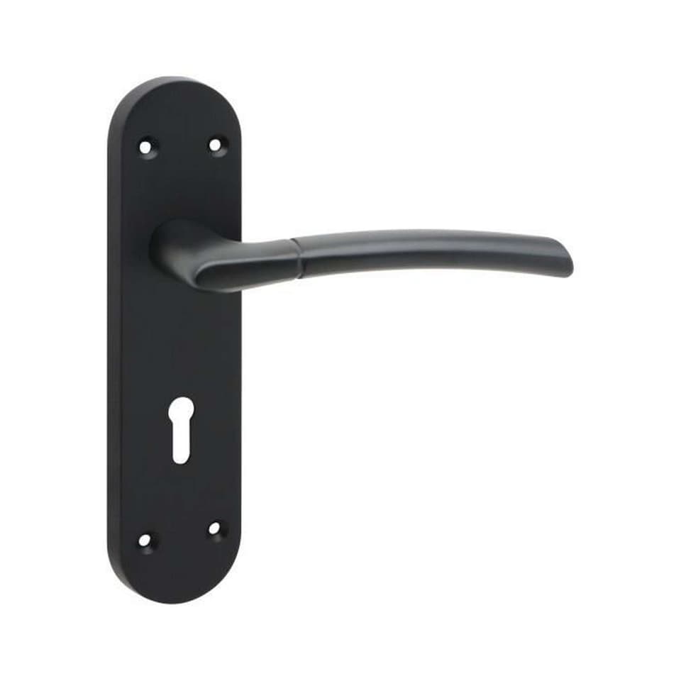 image 1 of Golden Grace 1 Pair Victorian Indiana Design Long Rounded Backplate Door Handle Matt Black Metal 3 Lever Lock Set with Hinges - 182mm x 45mm