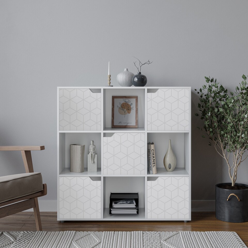 image 1 of 9-Cube Shelving Unit With Geo Doors - Square | White | White & White | 1
