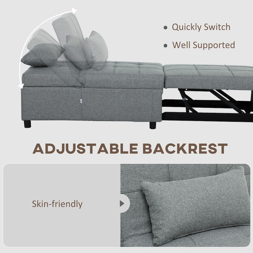 image 1 of HOMCOM 4-in-1 Sofa Bed, Convertible Sleeper Chair Bed with Adjustable Backrest, Fabric Pull Out Chaise Lounge with Pockets for Living Room, Bedroom, Home Office, Small Space, Light Grey | Grey | Light Grey