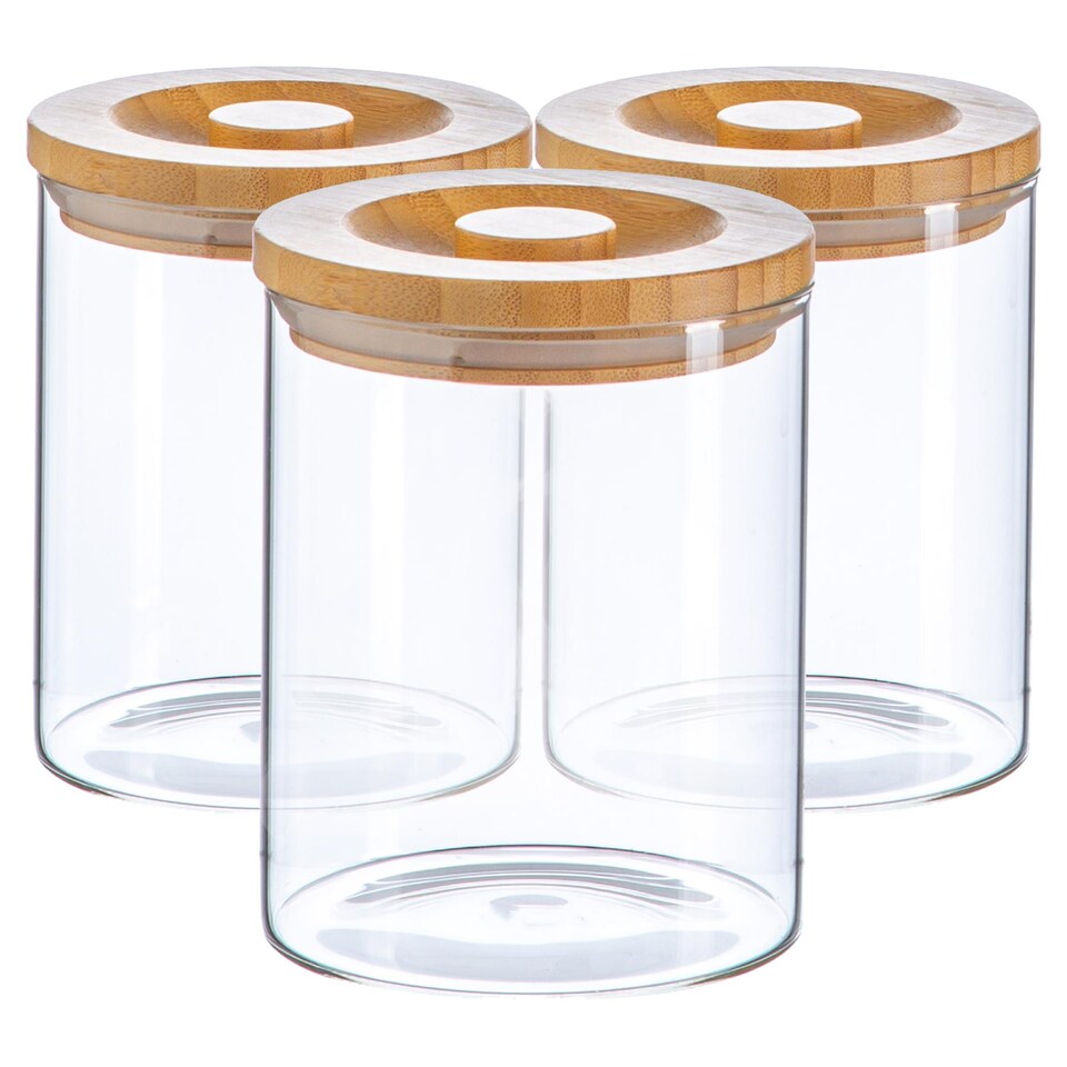 image 1 of Argon Tableware Glass Storage Jars - Carved Wood Lid - 750ml - Modern Round Scandi Organisation Container Glass Jar - Set of 3