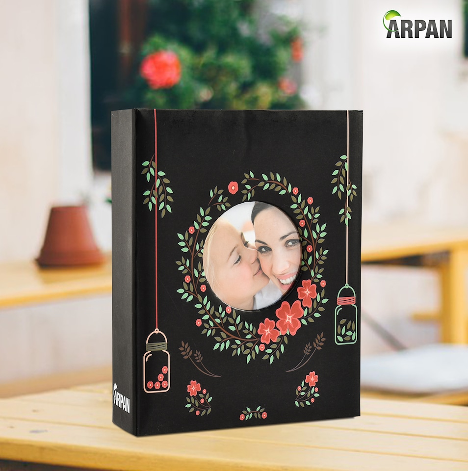 image 1 of ARPAN 6x4 Photo Album 200 Photos Slip In Picture Storage Book with Front Cover Window Plastic Jacket and CD/DVD Pocket | Black | Black Floral