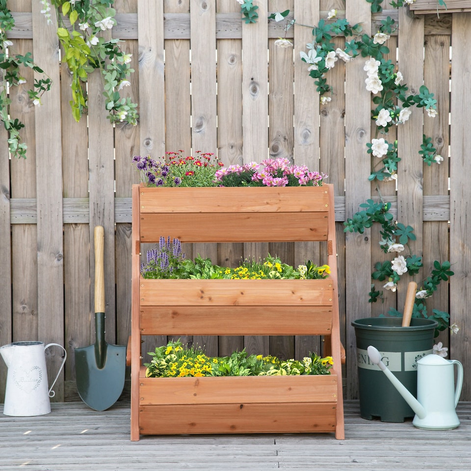 image 1 of Outsunny 3 Tier Raised Garden Bed Wooden Elevated Planter Box Kit, Brown