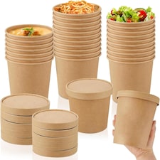 ECONX 26oz Kraft Disposable Paper Soup Cups Food Containers with Lids Takeaway Tubs 50pc