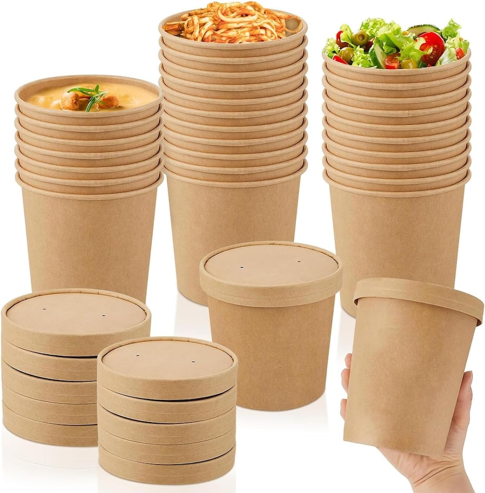image 1 of ECONX 26oz Kraft Disposable Paper Soup Cups Food Containers with Lids Takeaway Tubs 50pc