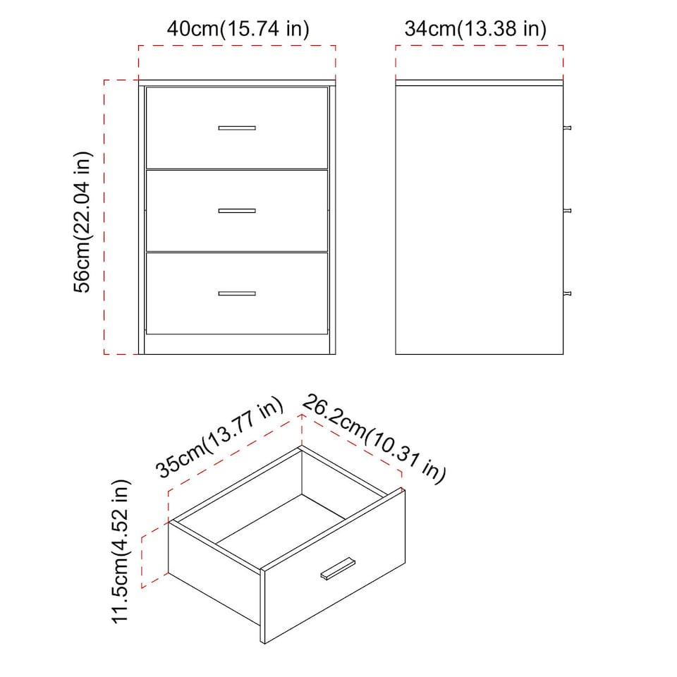 image 1 of White 3-Drawer Bedside Table | White | Accent Colour: Black | 1