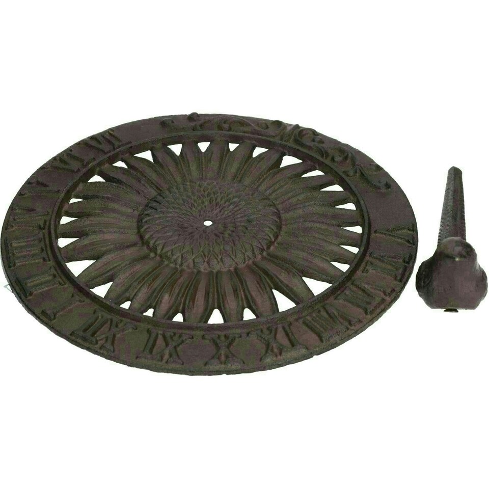 image 1 of Bird Sundial Ornament Cast Iron Garden Feature Statue Sunflower Clock Metal Brown