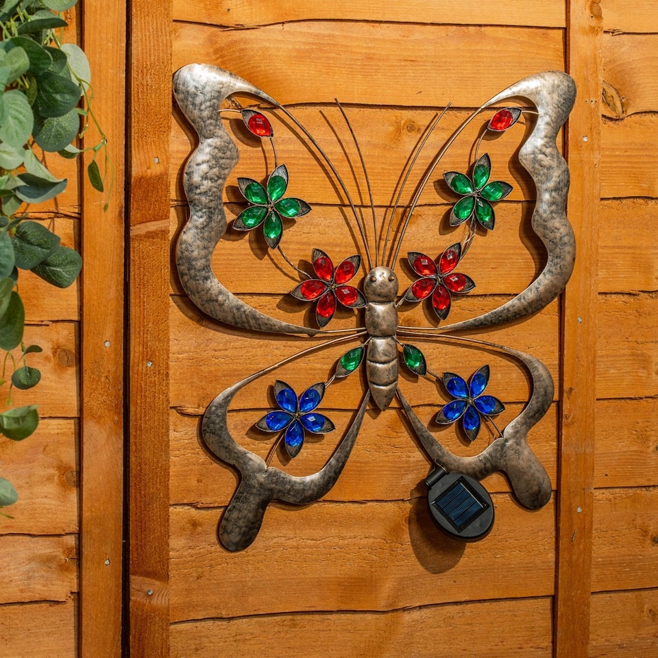 image 1 of ValueLights Solar Outdoor Multi Coloured Butterfly Wall Art Garden Fence Ornament Light