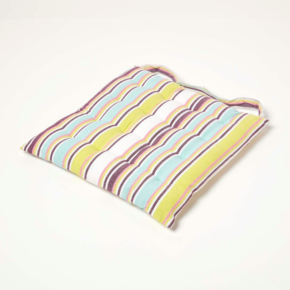 image 1 of Homescapes Seat Pad Luxury 100% Cotton Stripe Indoor Outdoor Garden Dining Cushion Green | 40 x 40 cm