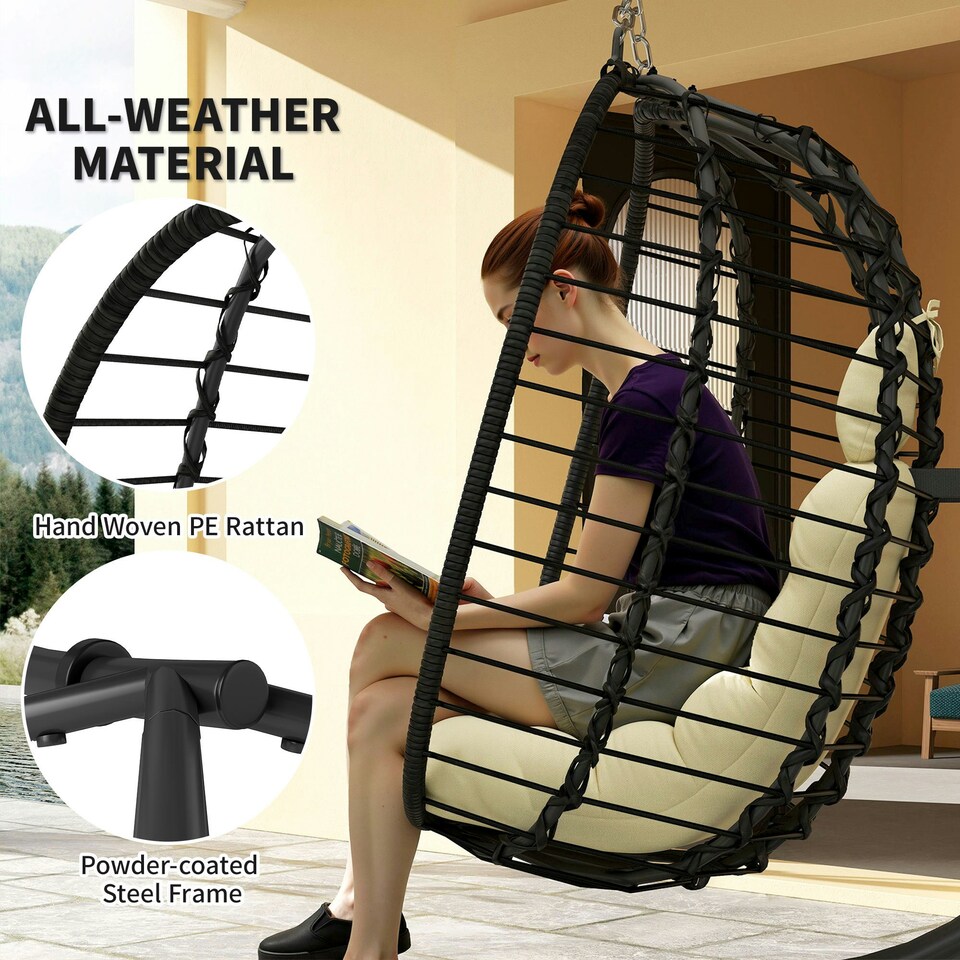 image 1 of Outsunny Rattan Hanging Egg Chair w/ Stand, Cushion, Headrest 