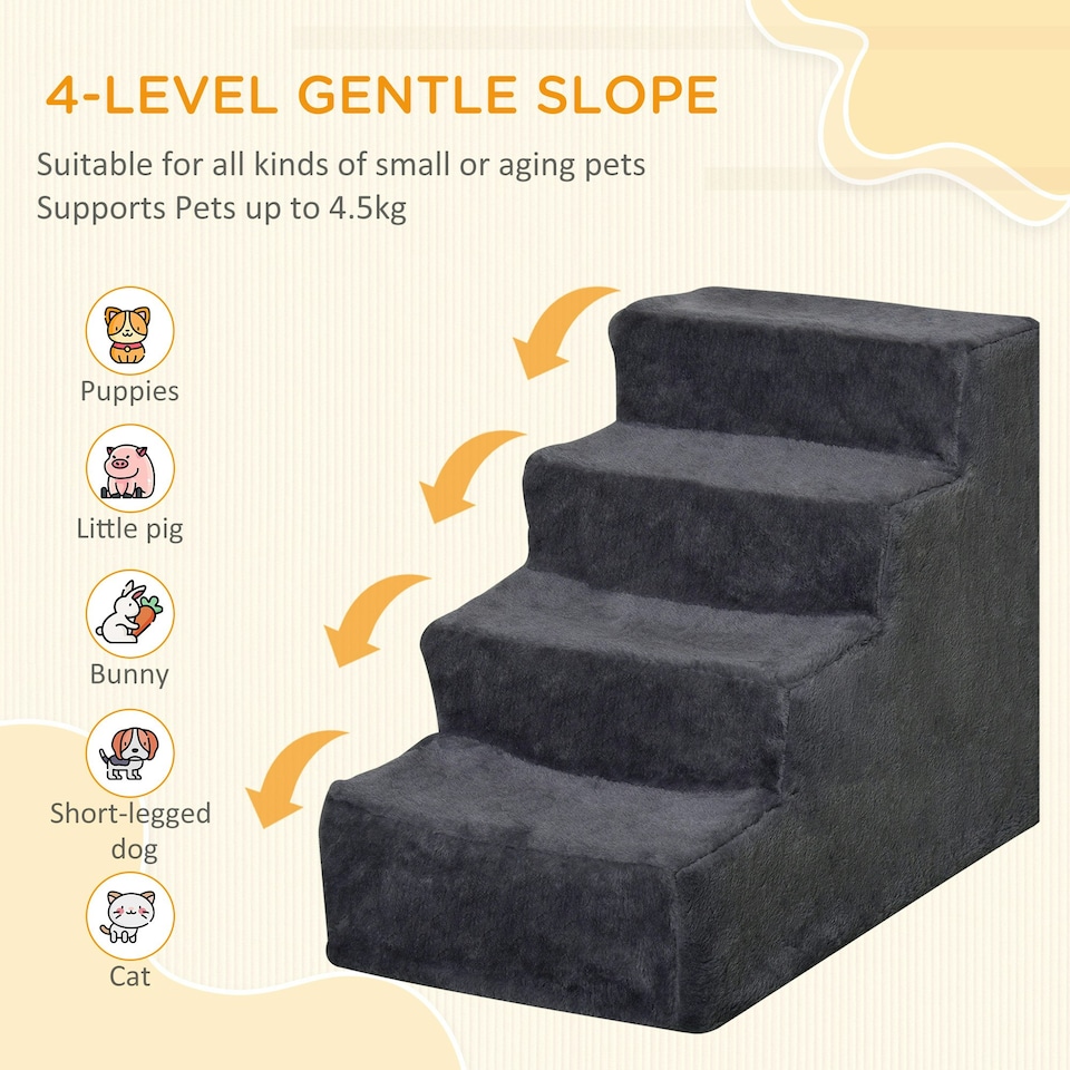 image 1 of PawHut Four-Step Portable Dog Stairs with Washable Plush Cover, Dark Grey