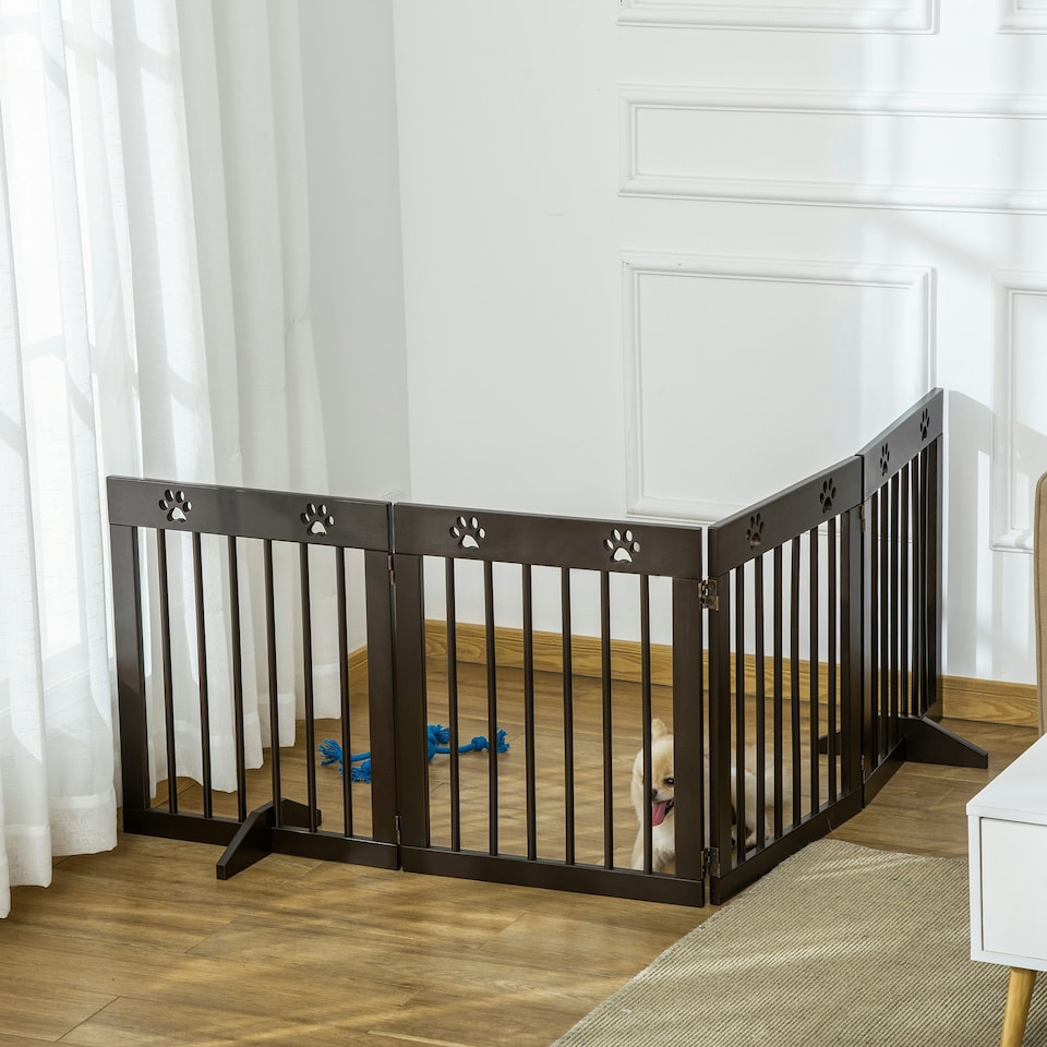 image 1 of PawHut Pet Gate 4 Panel Wooden Dog Barrier Folding Fence w/ Support Feet