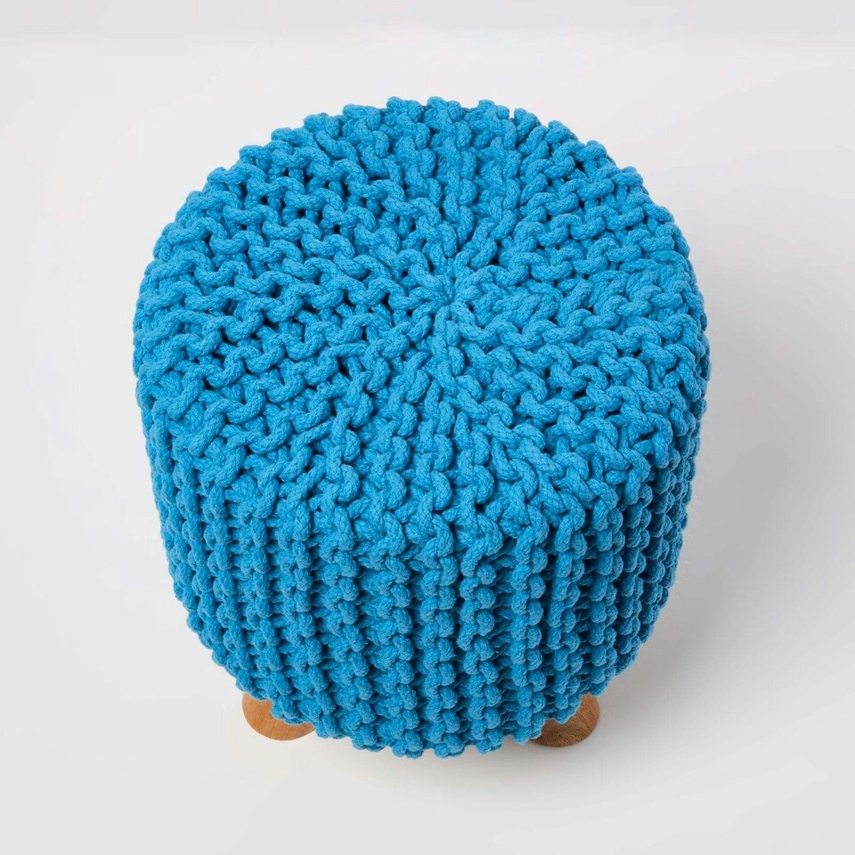 image 1 of Homescapes Teal Blue Tall Cotton Knitted Footstool on Legs